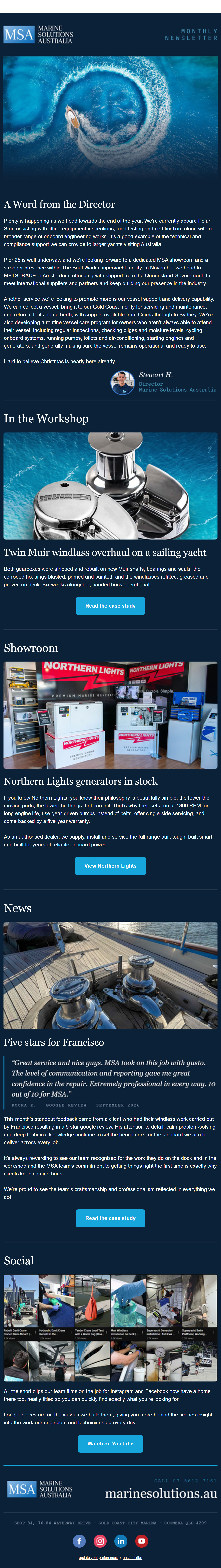 The October 2026 Marine Solutions Australia newsletter as sent: a word from the director, a twin Muir windlass overhaul, Northern Lights generators in stock, a five-star review and the YouTube channel