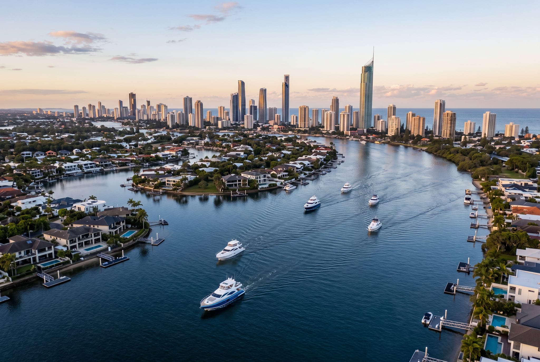 Aerial view of boats cruising the Gold Coast waterways with the city skyline behind