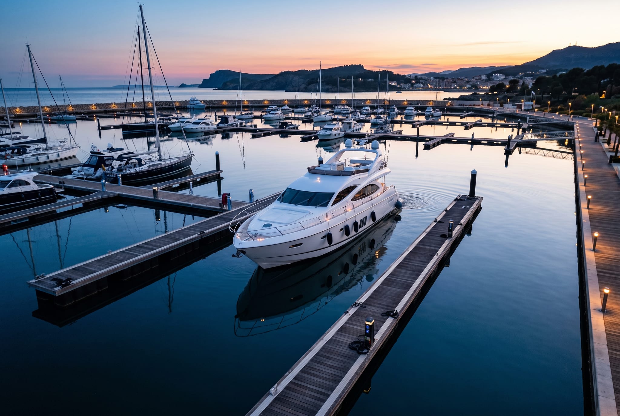 Motor yacht manoeuvring into a tight marina berth on calm water at dusk