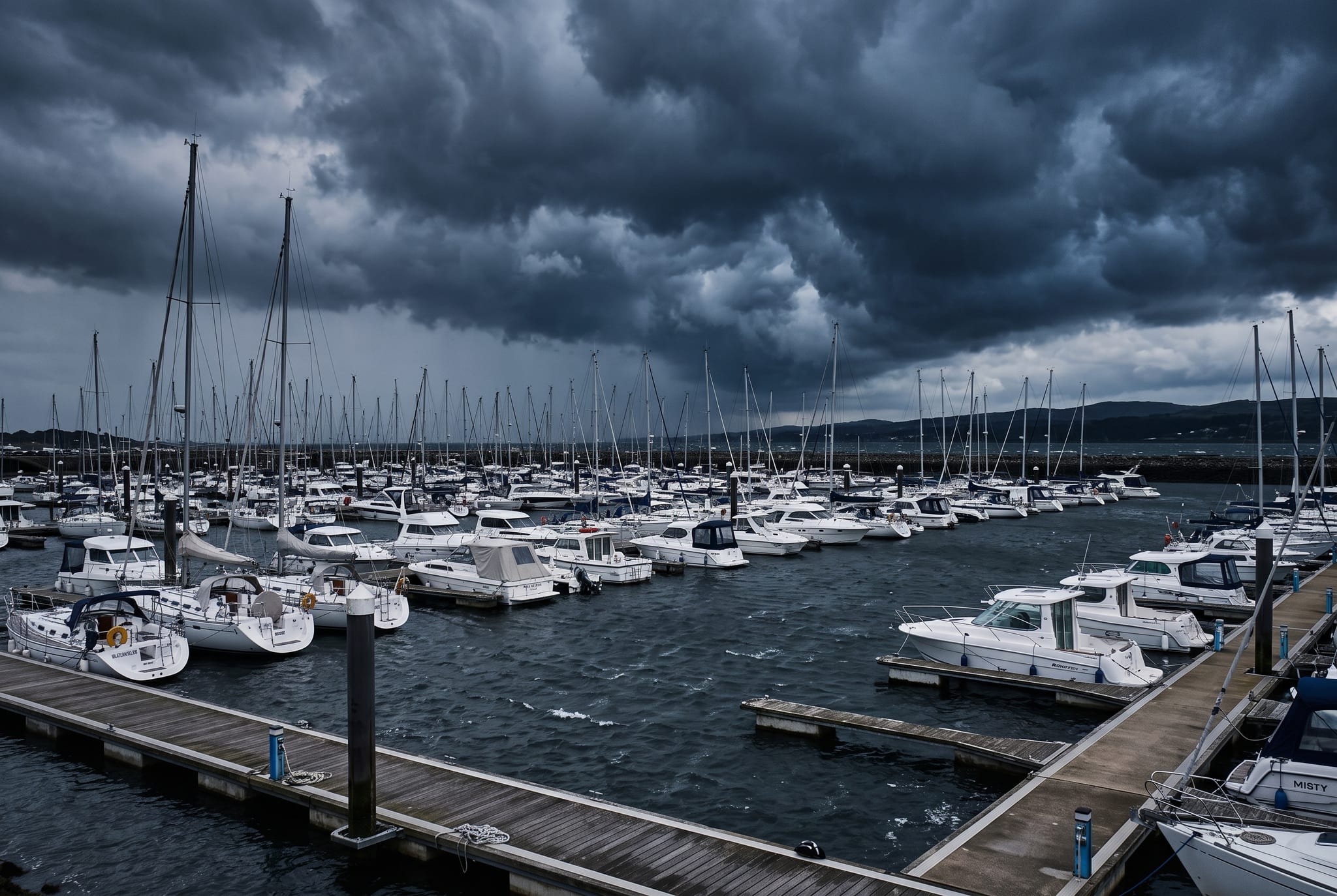 Storm clouds building over a marina of moored boats