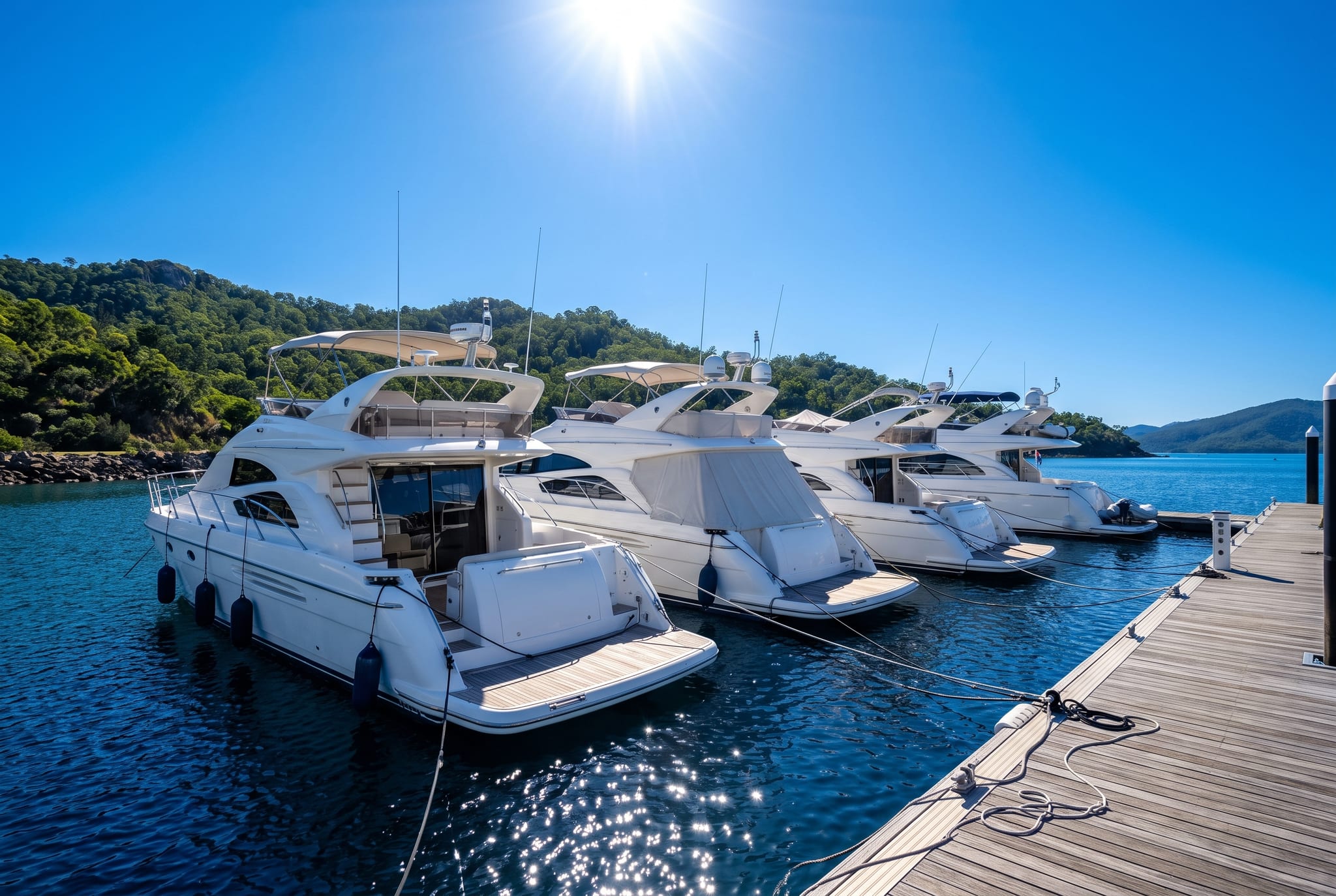 White motor yachts berthed under bright summer sun