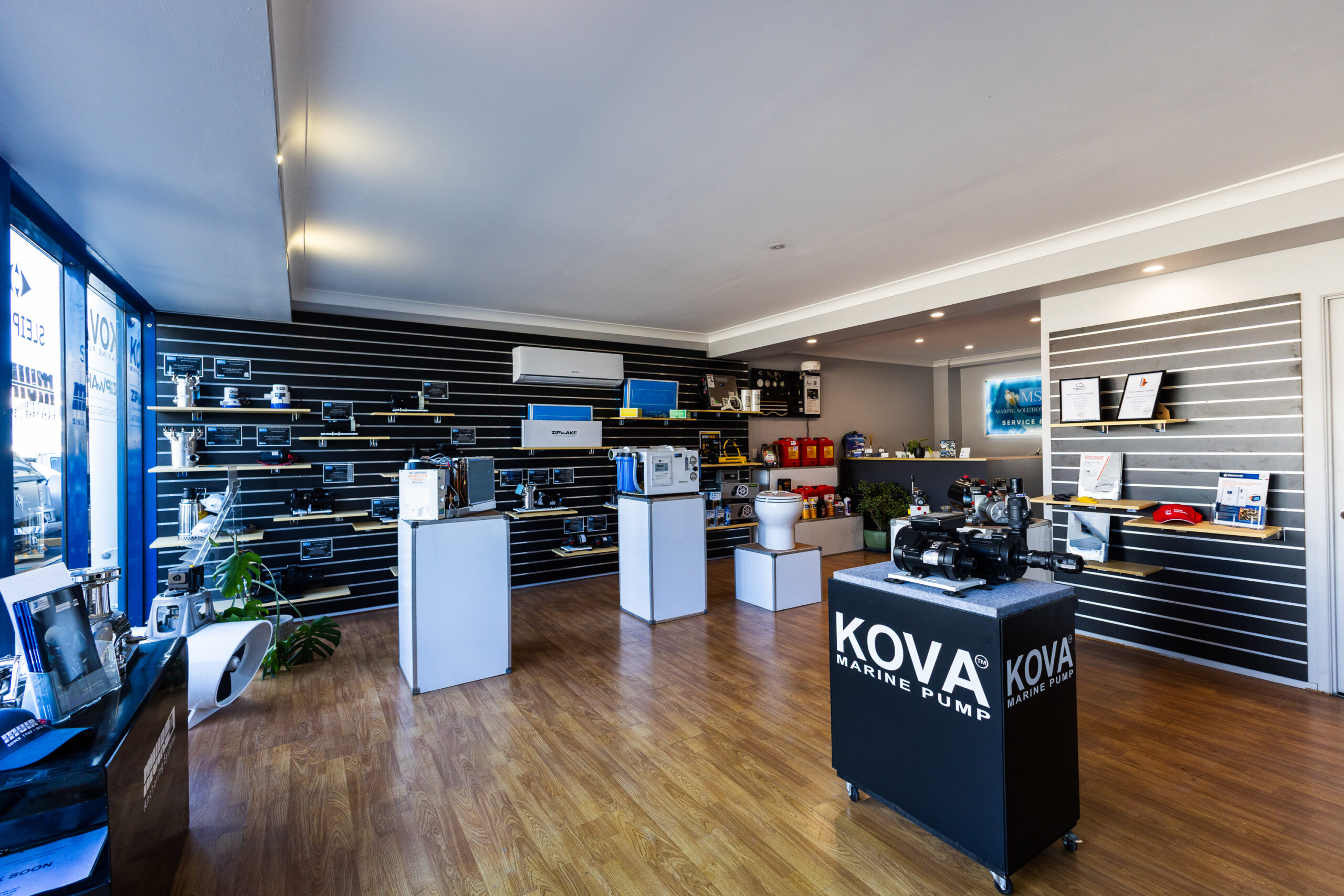Inside the Marine Solutions showroom, with marine pumps and chandlery on display