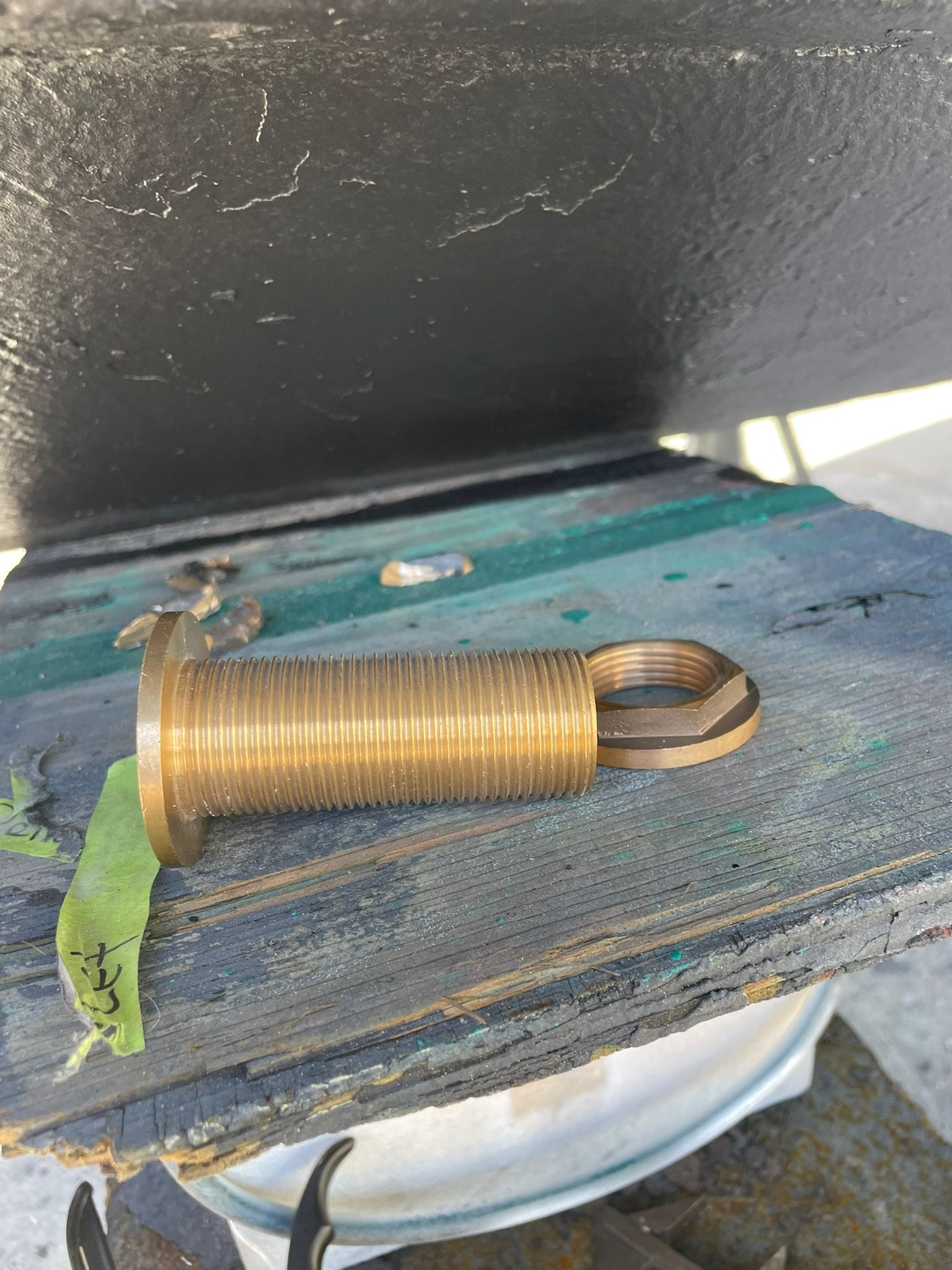 New bronze skin fitting (through-hull) installed