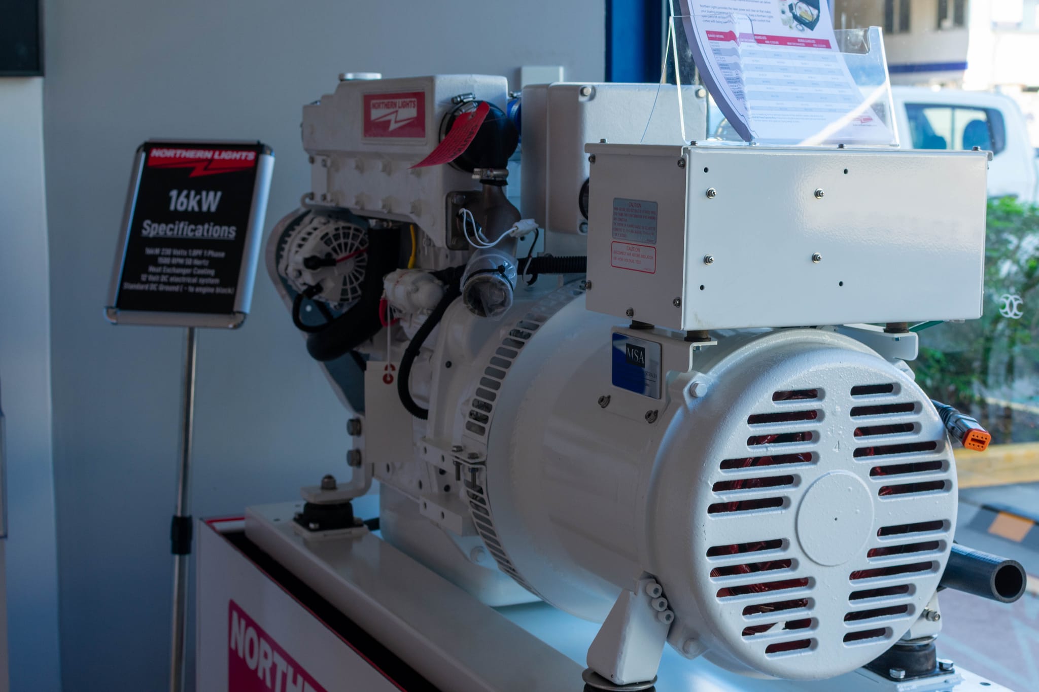 Rear view of a Northern Lights marine generator on display in the Marine Solutions showroom