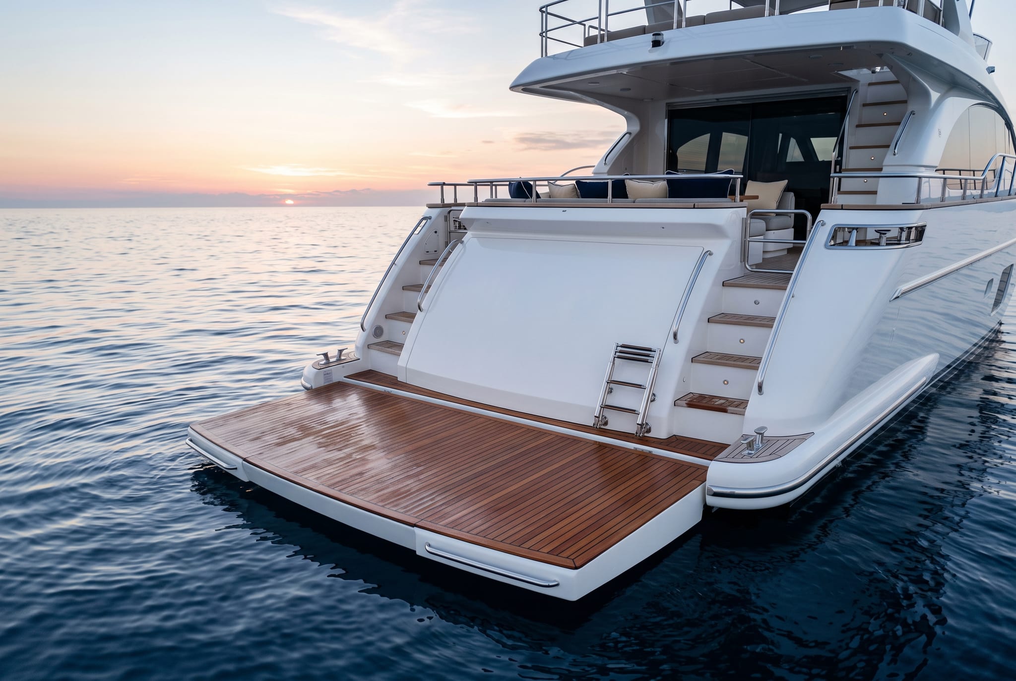 Hydraulic swim platform lowered to water level at the stern of a motor yacht