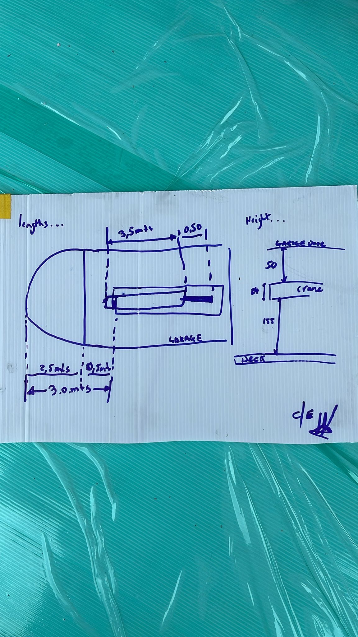 Working out the clearances — garage and crane dimensions sketched on site