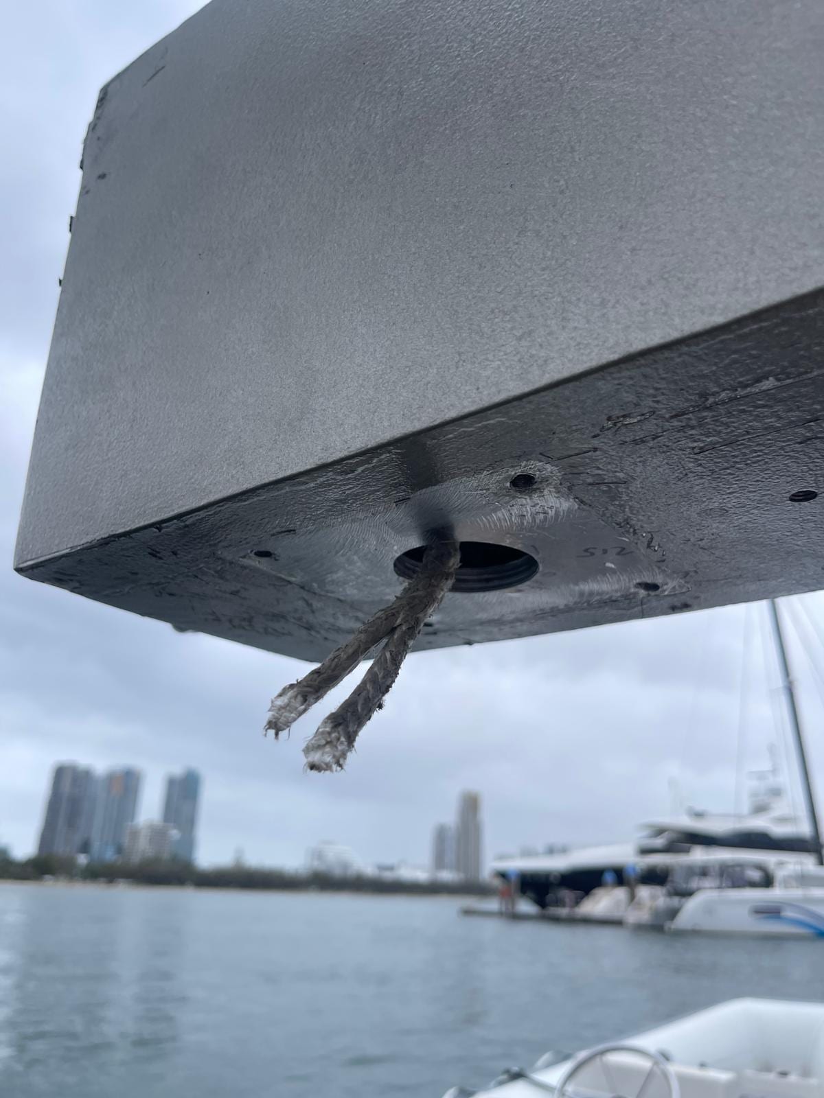 Chafed lifting line found where it exits the boom-head sheave