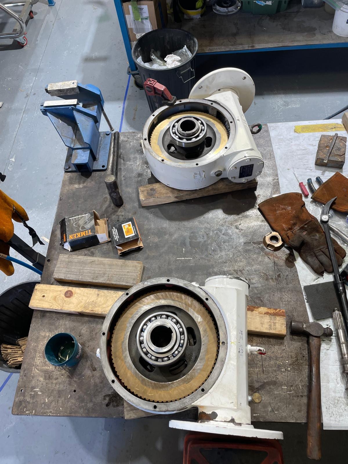 Both gearboxes on the bench in the Coomera workshop, assembly under way
