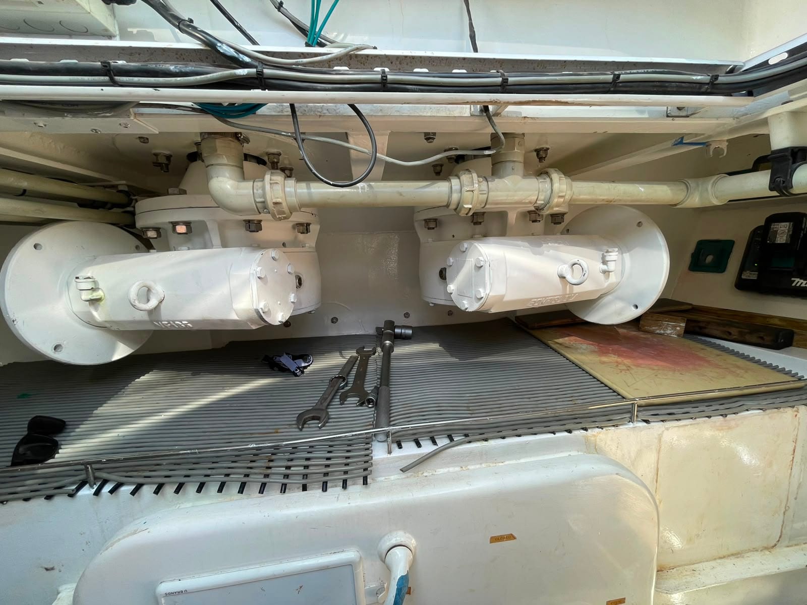 Both gearboxes bolted up under the foredeck and torqued, ready for their motors