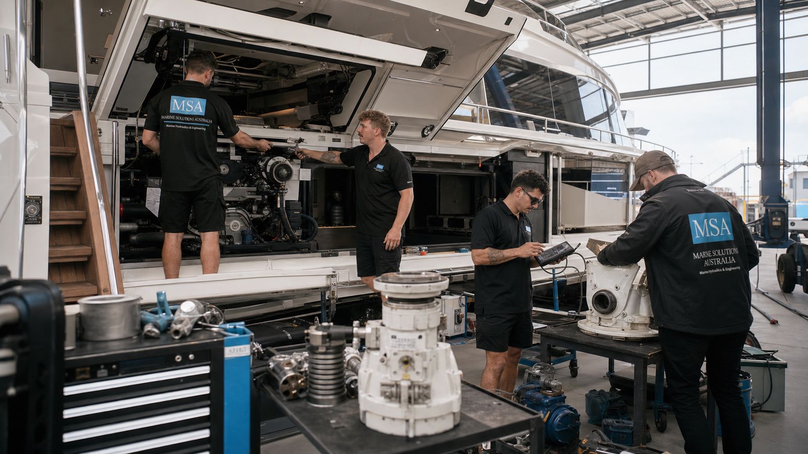 Marine Solutions Australia technicians working at the stern of a motor yacht in a refit shed
