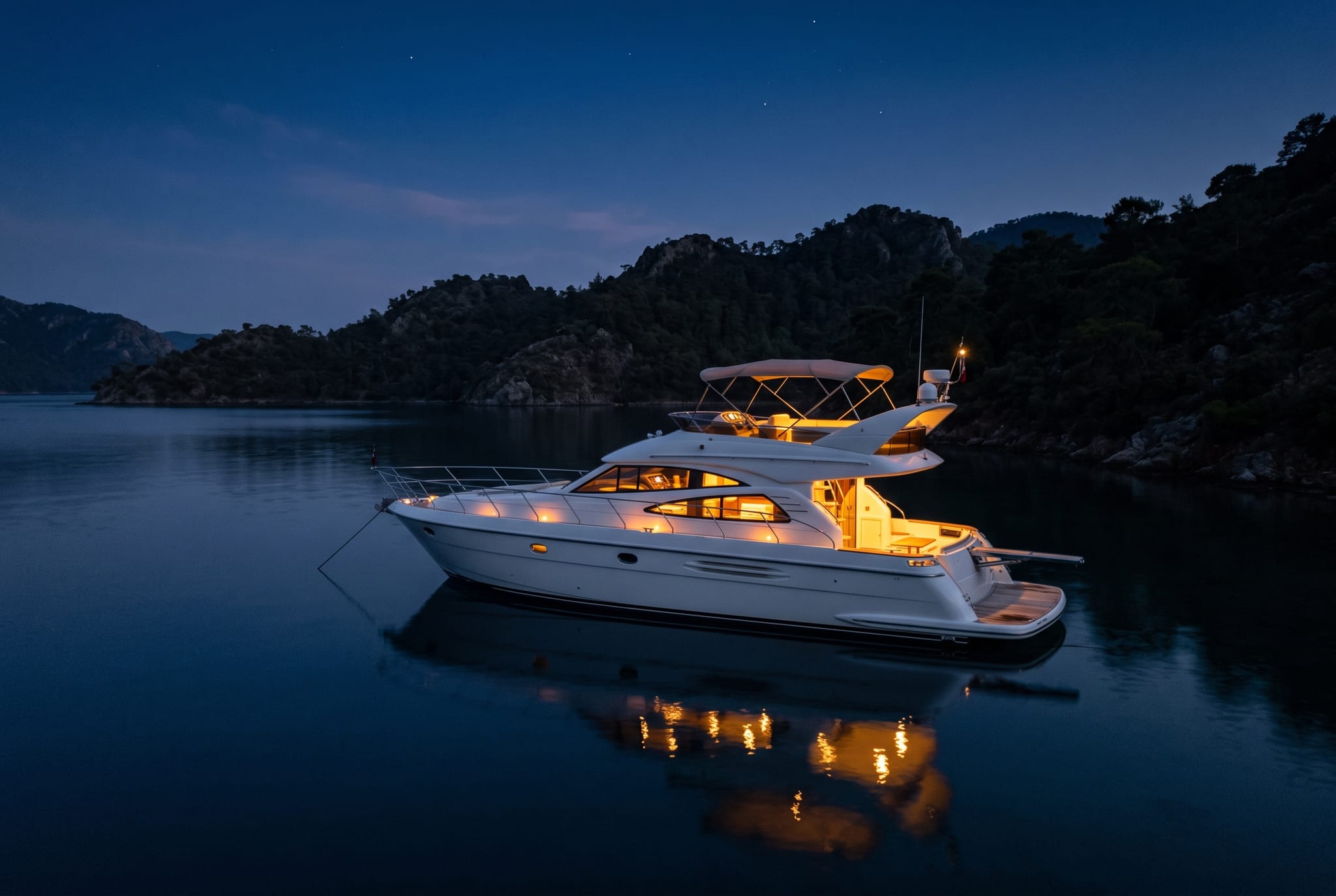 Motor yacht at anchor at dusk with cabin and deck lights running