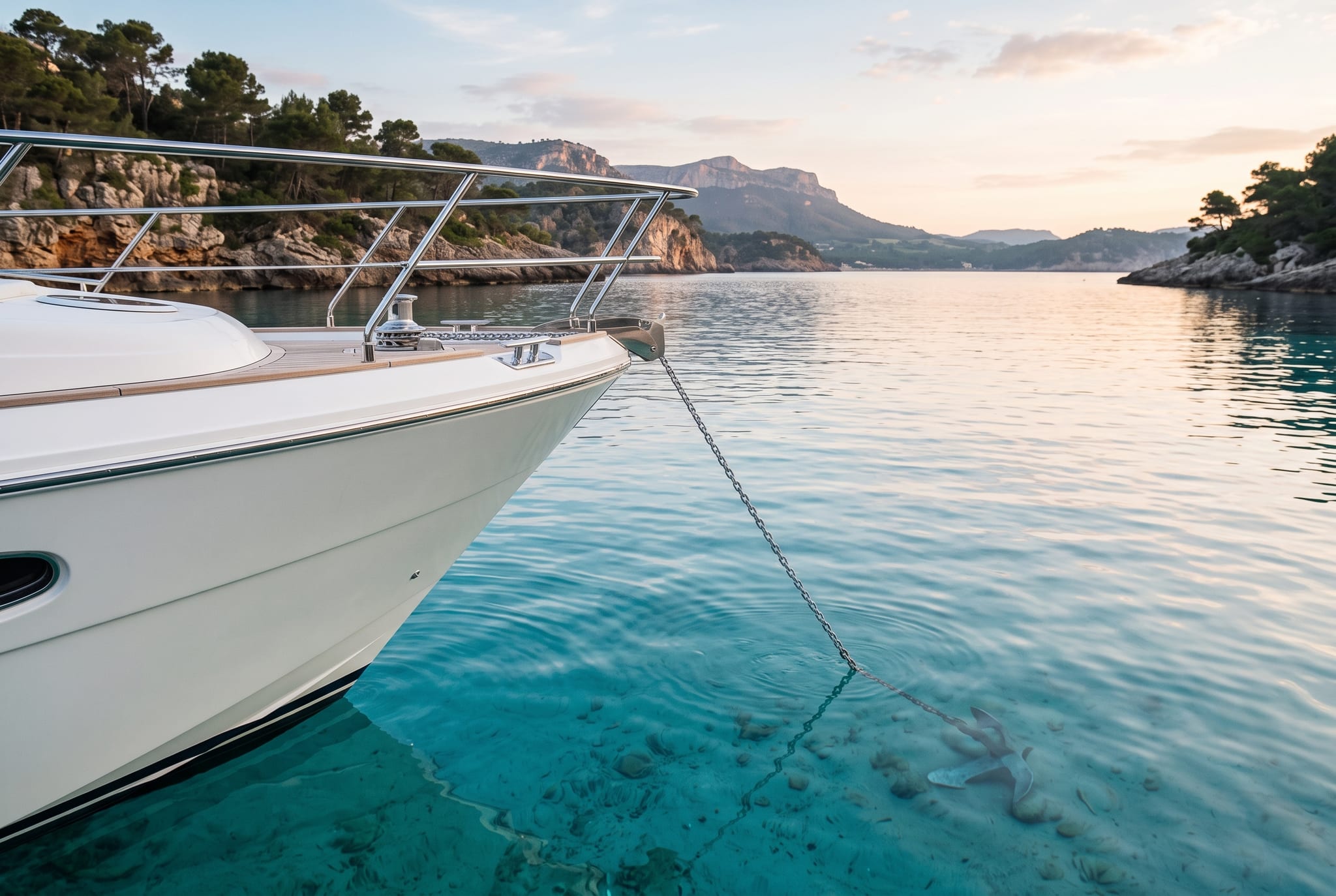 Anchor chain running from a motor yacht's bow roller into clear water