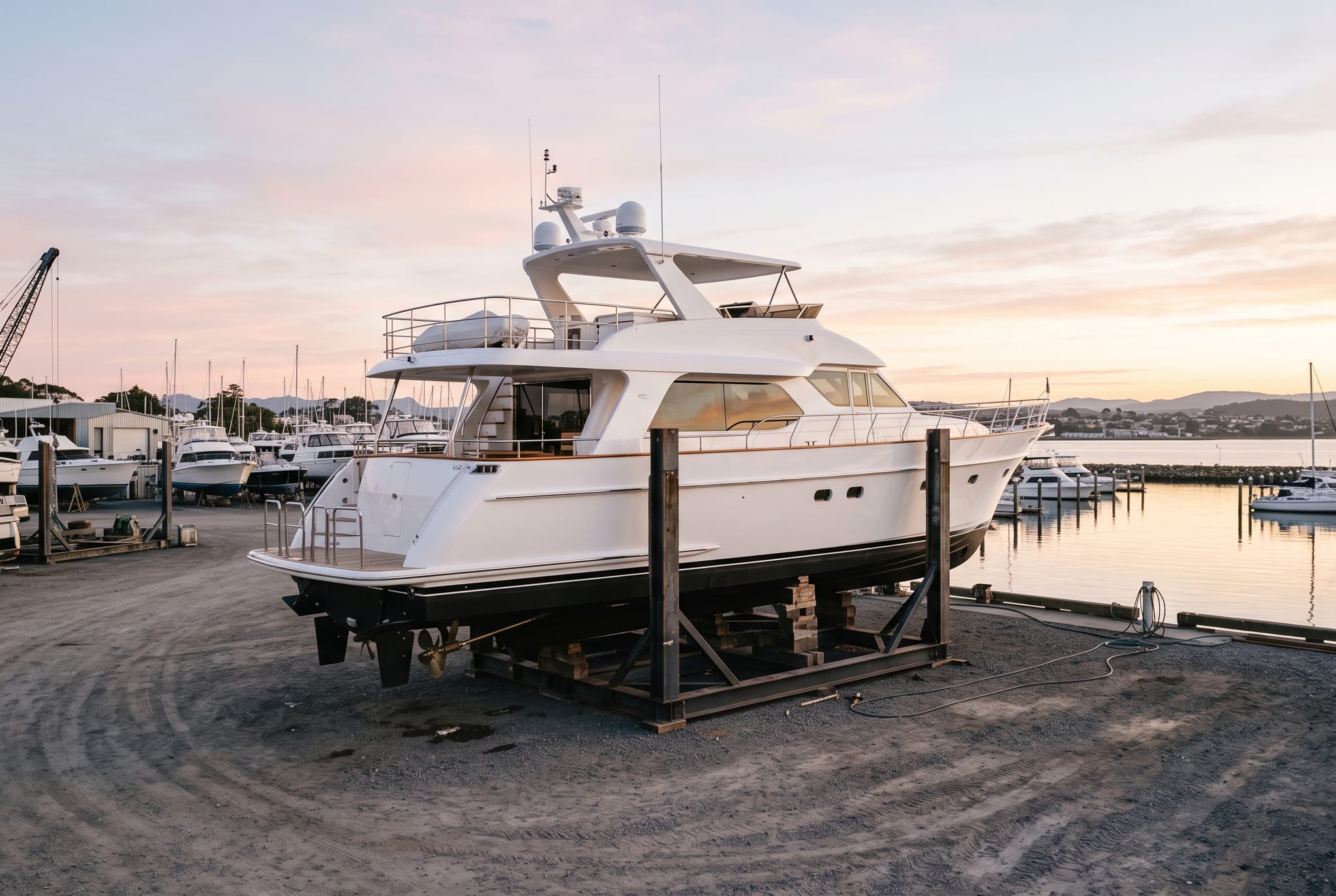 Motor yacht on hardstand supports in a boatyard at dawn