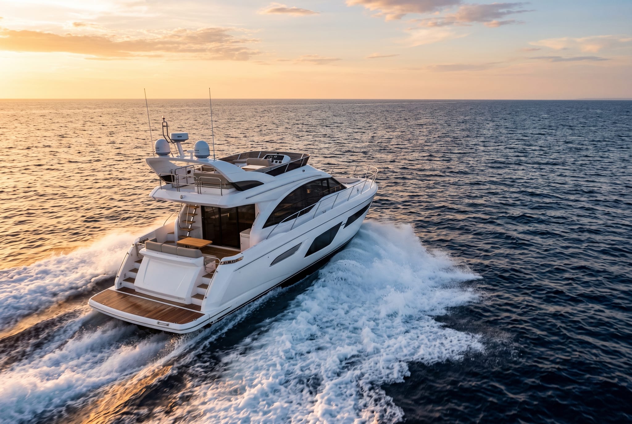 Motor yacht underway on open water at golden hour